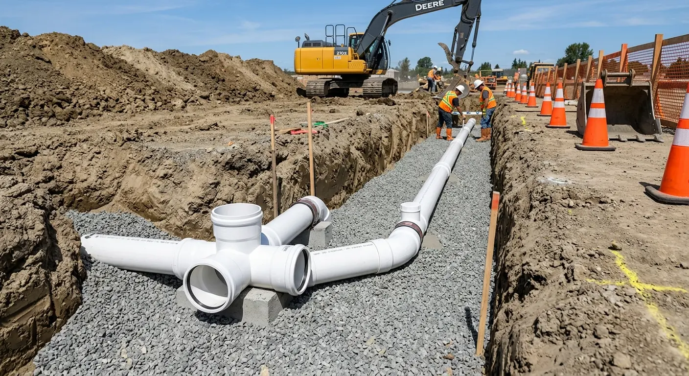 New PVC sewer pipe installation in open trench for Commercial Drain Cleaning in Creswell