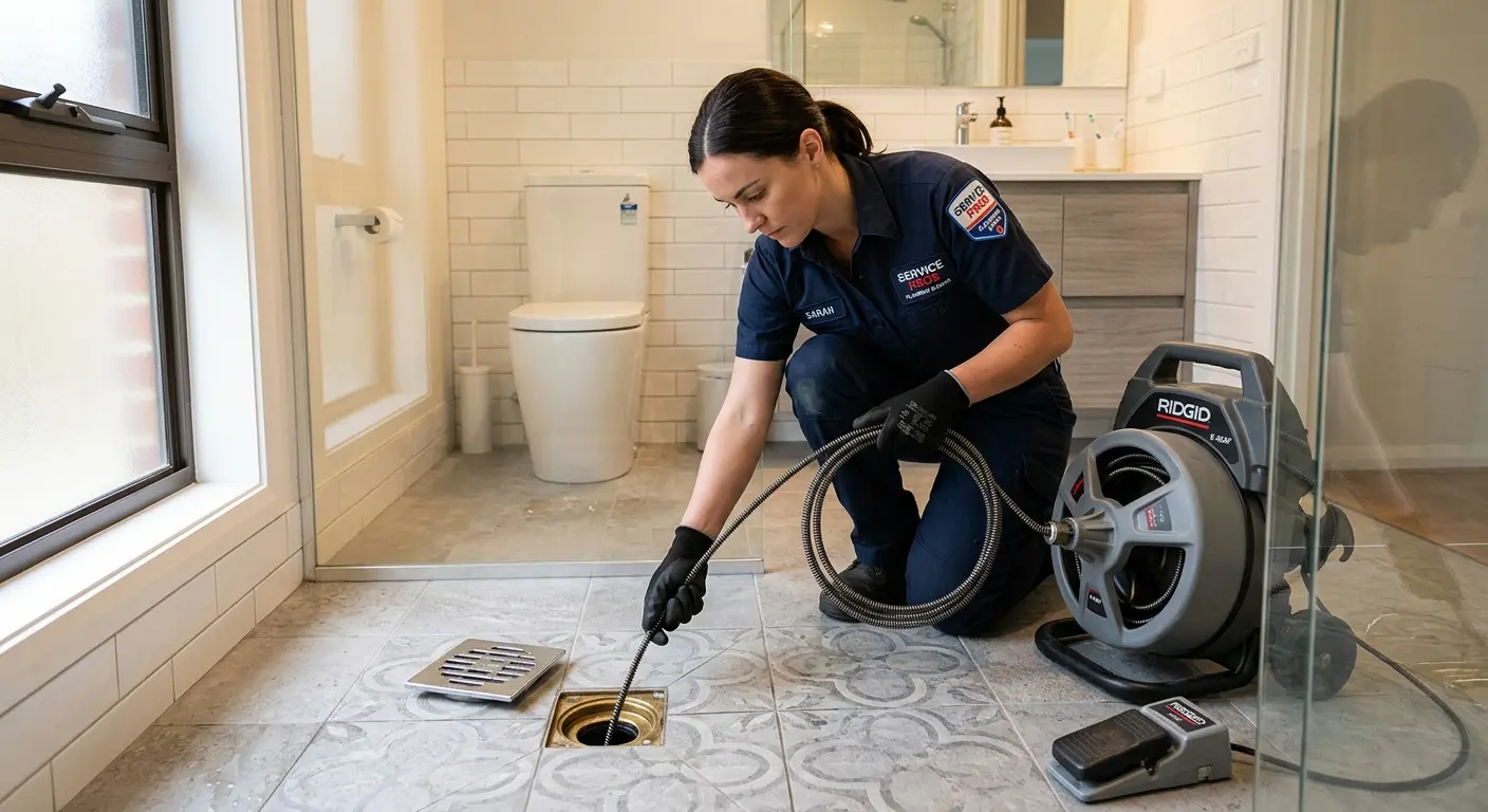 Technician clearing a bathroom floor drain for Clogged Drain Repair in Creswell